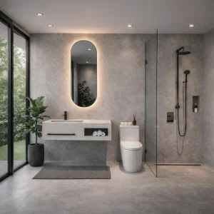 Lavabo AURA de piedra sinterizada con espejo LED · Conjunto suspendido de baño