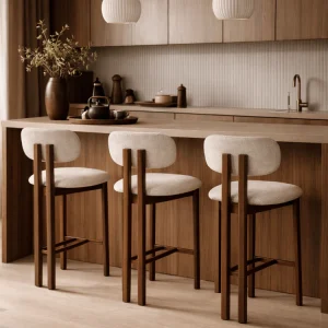 Taburete de cocina acero nogal tapizado bouclé H65 Liberty